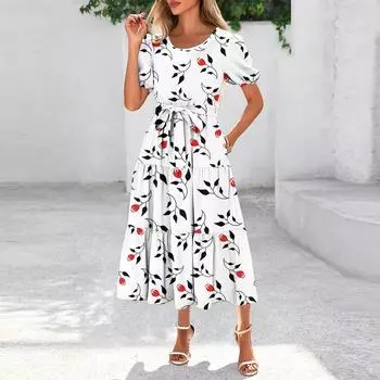 Женское летнее платье макси с коротким рукавом, круглым вырезом, поясом и карманами в стиле бохо с струящейся отделкой M белый