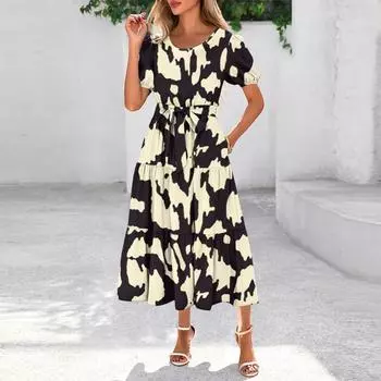 Женское летнее платье макси с коротким рукавом, круглым вырезом, поясом и карманами в стиле бохо с струящейся отделкой M чёрный