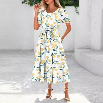 Женское летнее платье макси с коротким рукавом, круглым вырезом, поясом и карманами в стиле бохо с струящейся отделкой XXL хаки