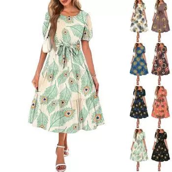 Женское летнее платье макси с коротким рукавом, круглым вырезом, поясом и карманами в стиле бохо с струящейся отделкой M