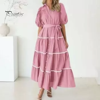 Женское летнее платье-макси с лацканами, короткое платье-рубашка с пышными рукавами, однобортное платье с поясом, многоуровневое струящееся длинное платье с рюшами S светло-синий