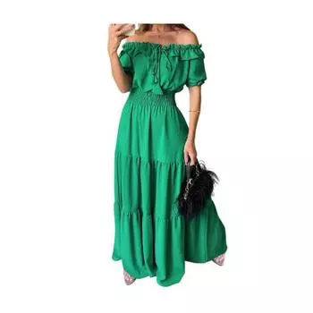 Женское летнее платье макси с открытыми плечами и оборками, с короткими рукавами, с высокой талией, А-силуэта, струящееся, пляжное, длинное L зелёный