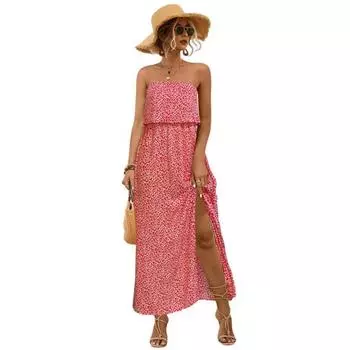 Женское летнее платье макси с открытыми плечами, без бретелек, топ-труба, А-силуэт, длинное платье с разрезом, летнее пляжное платье в стиле бохо с цветочным принтом S красный