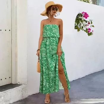 Женское летнее платье макси с открытыми плечами, без бретелек, топ-труба, А-силуэт, длинное платье с разрезом, летнее пляжное платье в стиле бохо с цветочным принтом S красный