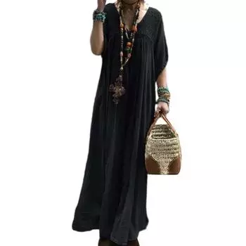 Женское летнее платье макси с V-образным вырезом и роговыми рукавами, кружевное вязанное крючком лоскутное свободное однотонное прямое плиссированное винтажное мягкое дышащее повседневное повседневное платье 3XL
