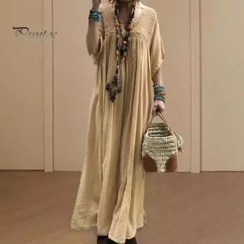 Женское летнее платье макси с V-образным вырезом и роговыми рукавами, кружевное вязанное крючком лоскутное свободное однотонное прямое плиссированное винтажное мягкое дышащее повседневное повседневное платье 3XL чёрный