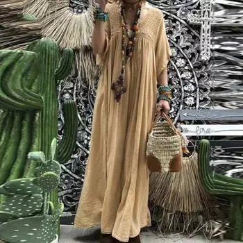 Женское летнее платье макси с V-образным вырезом и роговыми рукавами, кружевное вязанное крючком лоскутное свободное однотонное прямое плиссированное винтажное мягкое дышащее повседневное повседневное платье 3XL чёрный