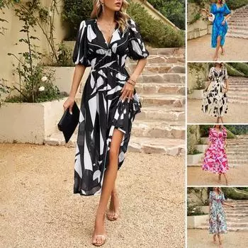 Женское летнее платье макси с V-образным вырезом, повседневные длинные платья в стиле бохо с цветочным принтом, короткие пышные рукава, струящиеся пляжные платья для гостей на свадьбу S чёрный