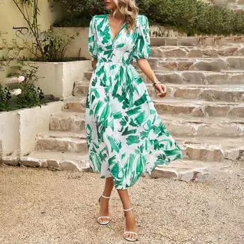 Женское летнее платье макси с V-образным вырезом, повседневные длинные платья в стиле бохо с цветочным принтом, короткие пышные рукава, струящиеся пляжные платья для гостей на свадьбу S красный