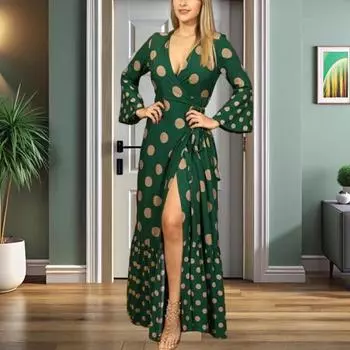 Женское летнее платье-макси с запахом, длинным рукавом, глубоким V-образным вырезом, принтом в горошек, со шнуровкой, разрезом, струящееся длинное пляжное платье M зелёный