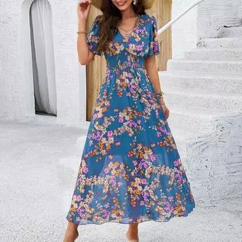 Женское летнее платье макси в стиле бохо с глубоким V-образным вырезом, оборками и короткими рукавами, шифоновый пляжный сарафан, повседневные длинные платья с цветочным принтом S чёрный