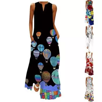 Женское летнее платье макси, женская повседневная свободная макси-юбка без рукавов с цветочным принтом пляжное платье макси с карманами плиссированное платье Хлопковое платье Пляжное платье S