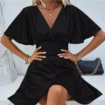 Женское летнее платье металлик однотонного цвета с V-образным вырезом и оборками на рукавах S чёрный