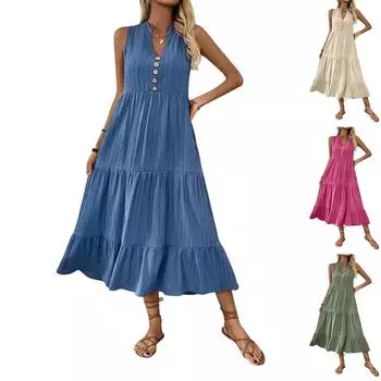 Женское летнее платье миди без рукавов с оборками по подолу, многослойное струящееся повседневное пляжное платье для отдыха L