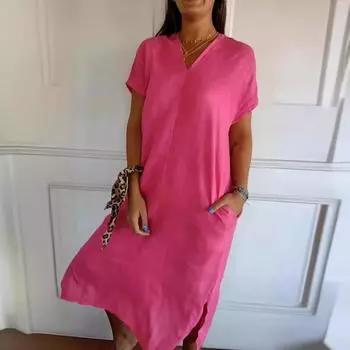 Женское летнее платье миди из хлопка и льна с v-образным вырезом, короткими рукавами и свободным разрезом. L чёрный