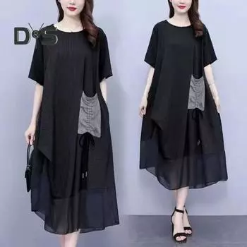 Женское летнее платье миди с коротким рукавом и карманом, повседневное платье-футболка с круглым вырезом, сетчатое платье-сарафан для пляжного отдыха L зелёный