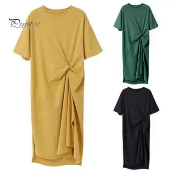 Женское летнее платье миди с круглым вырезом и короткими рукавами, рюшами и узлом, повседневное платье, однотонное рабочее платье с разрезом по бокам, уличная одежда L чёрный