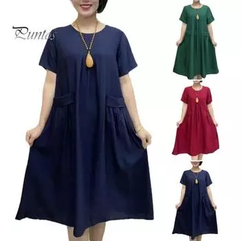 Женское летнее платье миди с круглым вырезом и короткими рукавами, карманами, повседневное платье, однотонное рабочее платье трапециевидной формы, уличная одежда L красный
