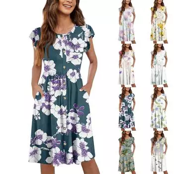 Женское летнее платье миди с круглым вырезом и рукавами-крылышками, повседневное, с цветочным принтом, свободным карманом на пуговицах L синий