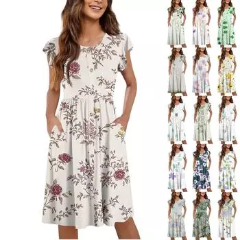Женское летнее платье миди с круглым вырезом и рукавами-крылышками, повседневное, с цветочным принтом, свободным карманом на пуговицах L армия зеленый