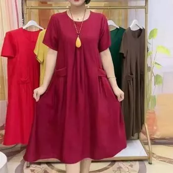 Женское летнее платье миди с круглым вырезом и короткими рукавами, карманами, повседневное платье, однотонное рабочее платье трапециевидной формы, уличная одежда 3XL зелёный