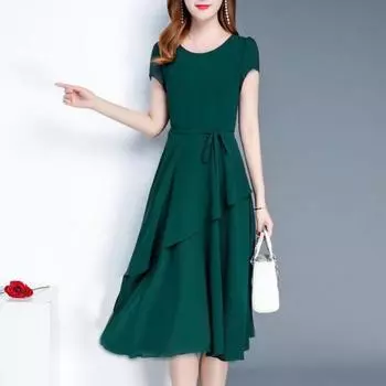 Женское летнее платье миди с круглым вырезом и коротким рукавом, элегантное платье с многослойным подолом и шнуровкой, платье миди трапециевидной формы, уличная одежда L розовый