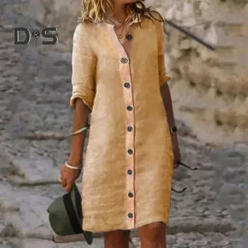 Женское летнее платье миди с лацканами и половиной рукава, однобортное, мягкое, дышащее, на пуговицах, женское платье длиной до колена, осень-весна L белый