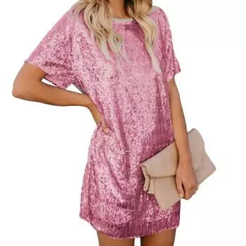 Женское летнее платье миди с пайетками, повседневное платье-футболка с круглым вырезом и короткими рукавами, блестящее коктейльное платье для вечеринки S розовый