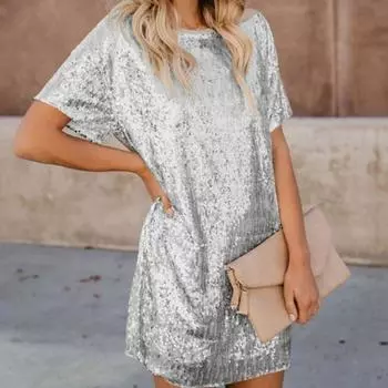 Женское летнее платье миди с пайетками, повседневное платье-футболка с круглым вырезом и короткими рукавами, блестящее коктейльное платье для вечеринки S золотистый