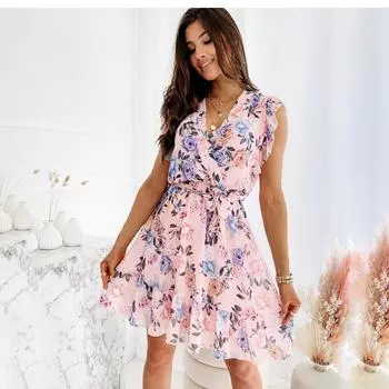 Женское летнее платье Модное шифоновое мини-платье с оборками на рукавах и цветочным принтом S белый