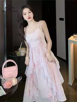 Женское летнее платье на бретелях во французском стиле, платье феи принцессы с талией во французском стиле, женское повседневное длинное платье S белый