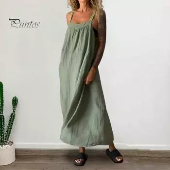 Женское летнее платье на подтяжках с глубоким вырезом без рукавов и открытой спиной А-силуэта в богемном стиле Чистый цвет Негабаритные плиссированные боковые карманы Сарафан миди длиной до середины икры XL хаки