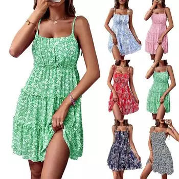 Женское летнее платье на подтяжках с принтом, короткая юбка из шифона с двойной подкладкой L чёрный