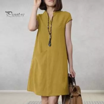 Женское летнее платье на пуговицах с V-образным вырезом и воротником-стойкой с короткими рукавами Свободное мини-платье чистого цвета с одним карманом Мягкое мини-платье длиной выше колена L абрикосовый