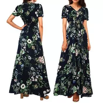 Женское летнее платье на пуговицах с разрезом из хлопка с цветочным принтом и кисточками, струящееся вечернее платье M синий