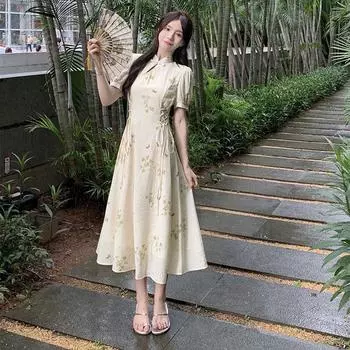 Женское летнее платье на пуговицах в китайском нежном стиле в стиле ретро, длинная юбка с завязками на поясе XXL абрикосовый