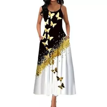 Женское летнее платье одинакового цвета с принтом бабочки трапециевидной формы без рукавов с открытой спиной и карманами с круглым вырезом до щиколотки, платье макси с ремешками M