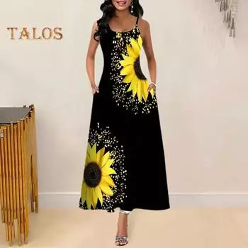 Женское летнее платье одинакового цвета с принтом бабочки трапециевидной формы без рукавов с открытой спиной и карманами с круглым вырезом до щиколотки, платье макси с ремешками 2XL черный белый