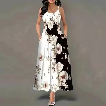 Женское летнее платье одинакового цвета с принтом бабочки трапециевидной формы без рукавов с открытой спиной и карманами с круглым вырезом до щиколотки, платье макси с ремешками 2XL