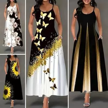 Женское летнее платье одинакового цвета с принтом бабочки трапециевидной формы без рукавов с открытой спиной и карманами с круглым вырезом до щиколотки, платье макси с ремешками 2XL