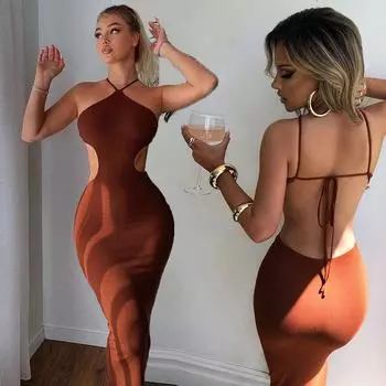 Женское летнее платье, однотонное модное платье с подвесным воротником, элегантное вечернее клубное платье, одежда S коричневый