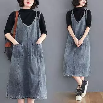 Женское летнее платье Платье без рукавов Элегантное длинное платье Свободные джинсовые синие базовые платья XXL синий