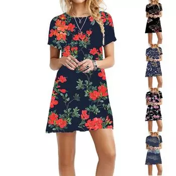 Женское летнее платье, платье-футболка, пляжное платье с коротким рукавом, повседневное платье, струящееся свободное платье длиной до колена с коротким рукавом XXXL чёрный