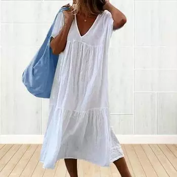 Женское летнее платье Плиссированные трапеции с вырезом Короткие однотонные V-образный вырез Свободные лоскутные рукава Длина до середины икры Повседневные Повседневные 3XL чёрный