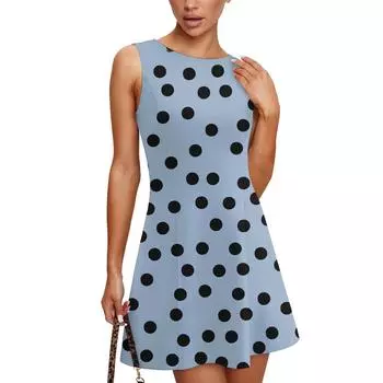 Женское летнее платье повседневное без рукавов с круглым вырезом платье-майка с принтом в горошек L