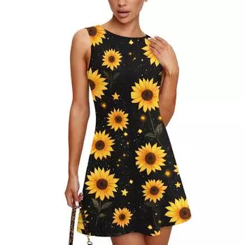 Женское летнее платье повседневное без рукавов с круглым вырезом с цветочным принтом сарафан-майка S чёрный