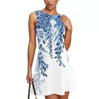Женское летнее платье повседневное без рукавов с круглым вырезом классическое с принтом листьев сарафан-жилет XXL синий