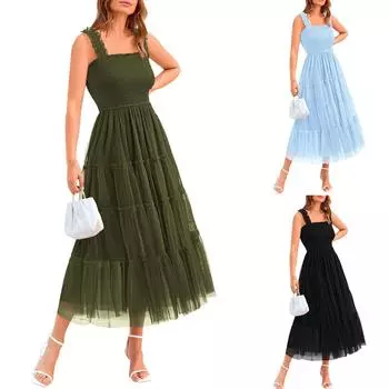 Женское летнее платье повседневное без рукавов с квадратным вырезом и оборками из тюля для вечеринок, свадебных платьев для гостей M синий