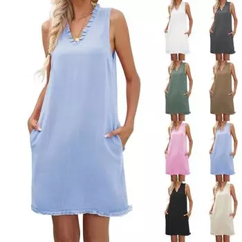 Женское летнее платье повседневное без рукавов с оборками глубокий V-образный вырез с завязками на карманах M