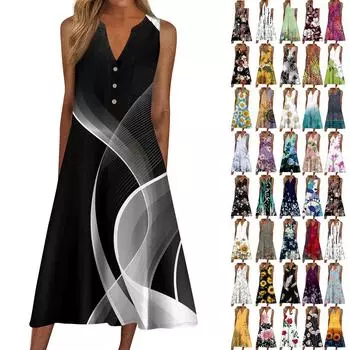 Женское летнее платье, повседневное пляжное свободное платье без рукавов с v-образным вырезом и принтом L чёрный